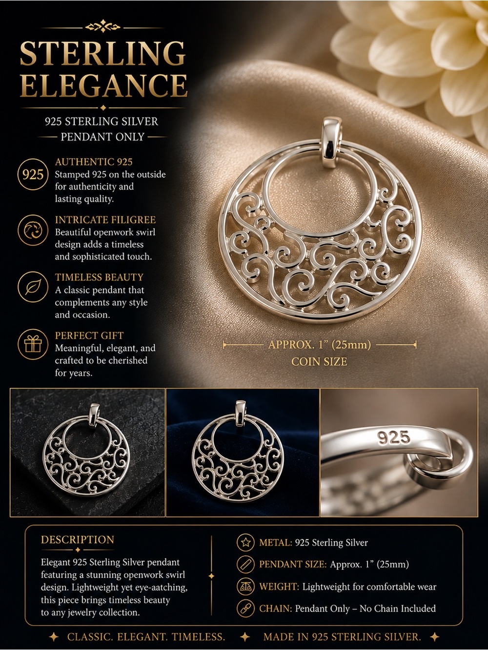 925 Sterling Silver Filigree Pendant - Silver